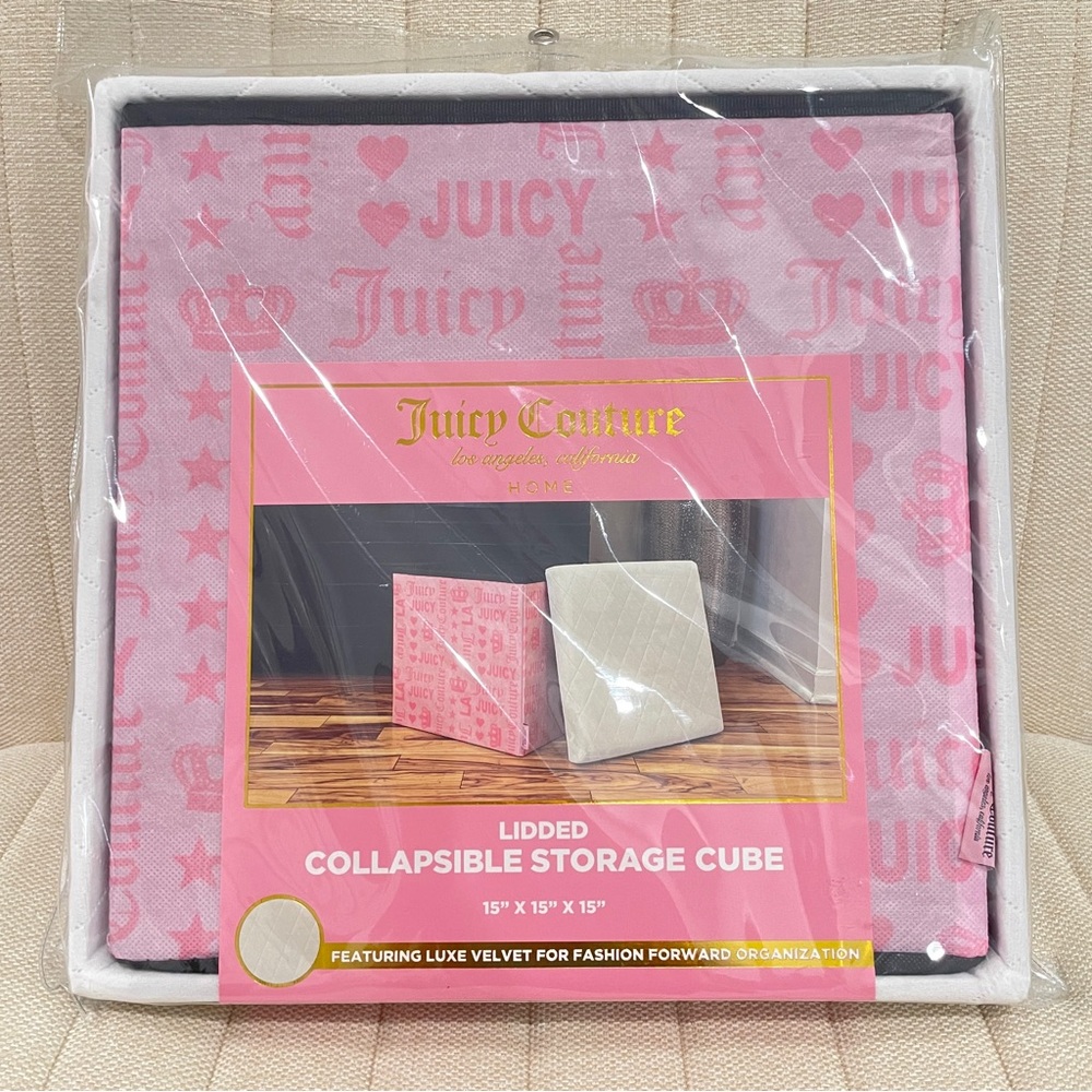 NEW Juicy Couture Pink Logo Lidded Collapsible Storage Cube White Quilted Velvet